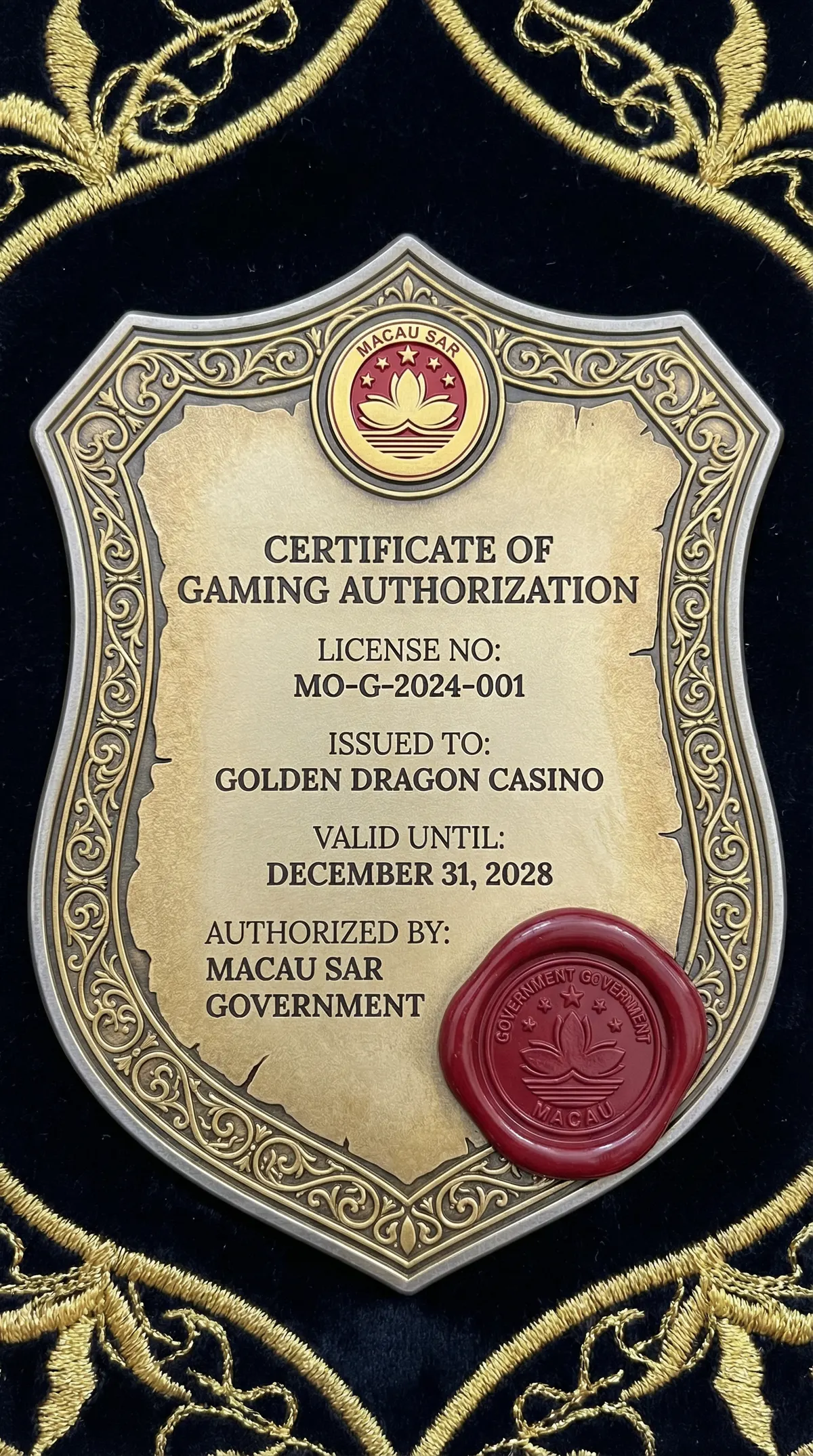 澳门特别行政区博彩牌照官方证书